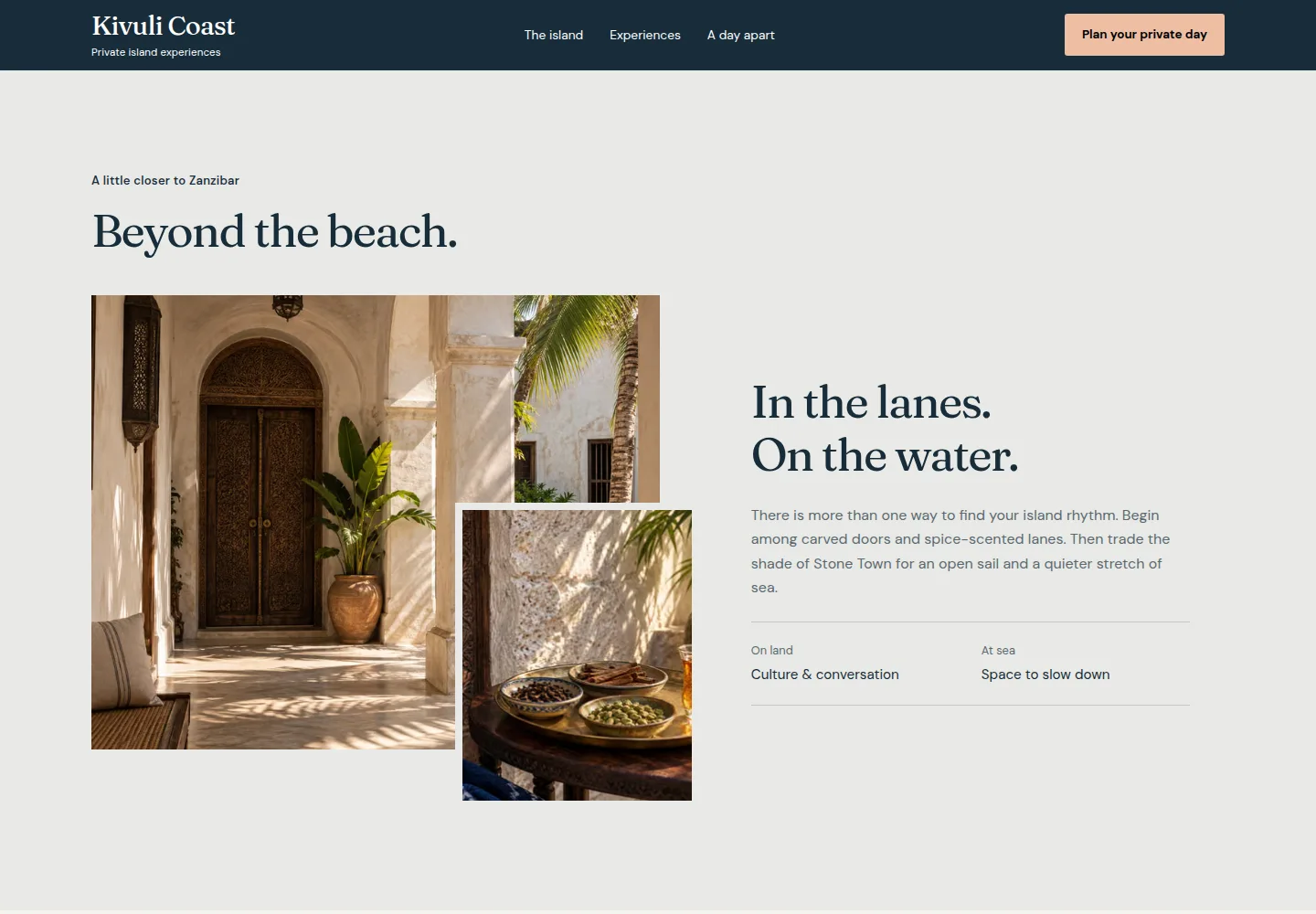 Editorial Zanzibar story with paired Stone Town and spice photographs in Northstar’s fictional Kivuli Coast concept